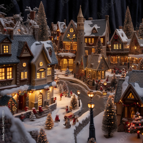 A Christmas village with miniature houses and shops decorated for the holiday season.Generative AI.