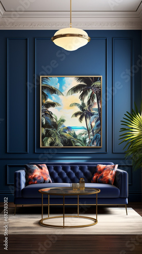 A tropical paradise living space unfolds against deep blue walls, framing a blank mockup frame. © Muhammad