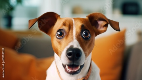 Young crazy surprised dog make big eyes closeup. surprised dog funny face big eyes. Young dog looking surprised and scared. Emotional surprised wide big eye dog at home, high quality photo © pinkrabbit