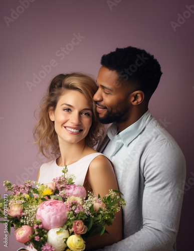 Multiethnic couple, the woman is holding a big bouquet of flowers and man is embracing her behind. Vertical studio shot