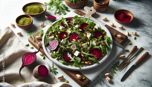 Pickled Beet Salad with Goat Cheese on Marble Counter