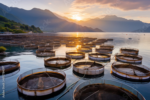 Aquaculture in floating fish farming cages of fish farm photo