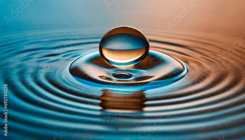 Cean transparent bright drop of water on smooth surface in blue and yellow colors. photo