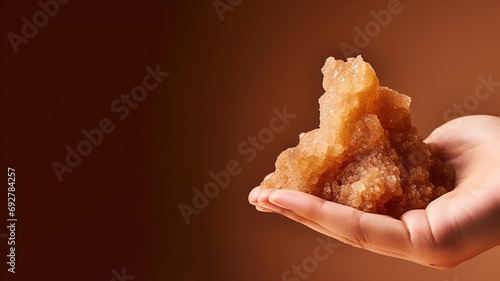 Hand holding brown sugar isolated on pastel background
