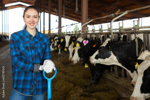 Portrait of positive young adult woman farm worker working in cowshed, feeding cows at livestock breeding farm