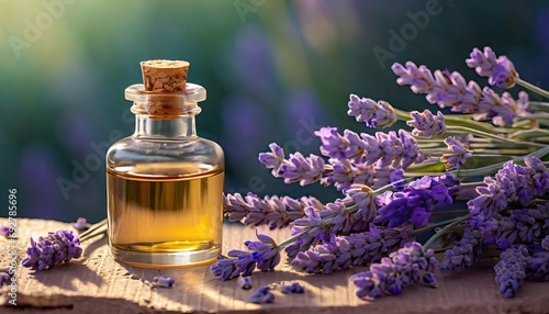 Lavender oil and lavender background.