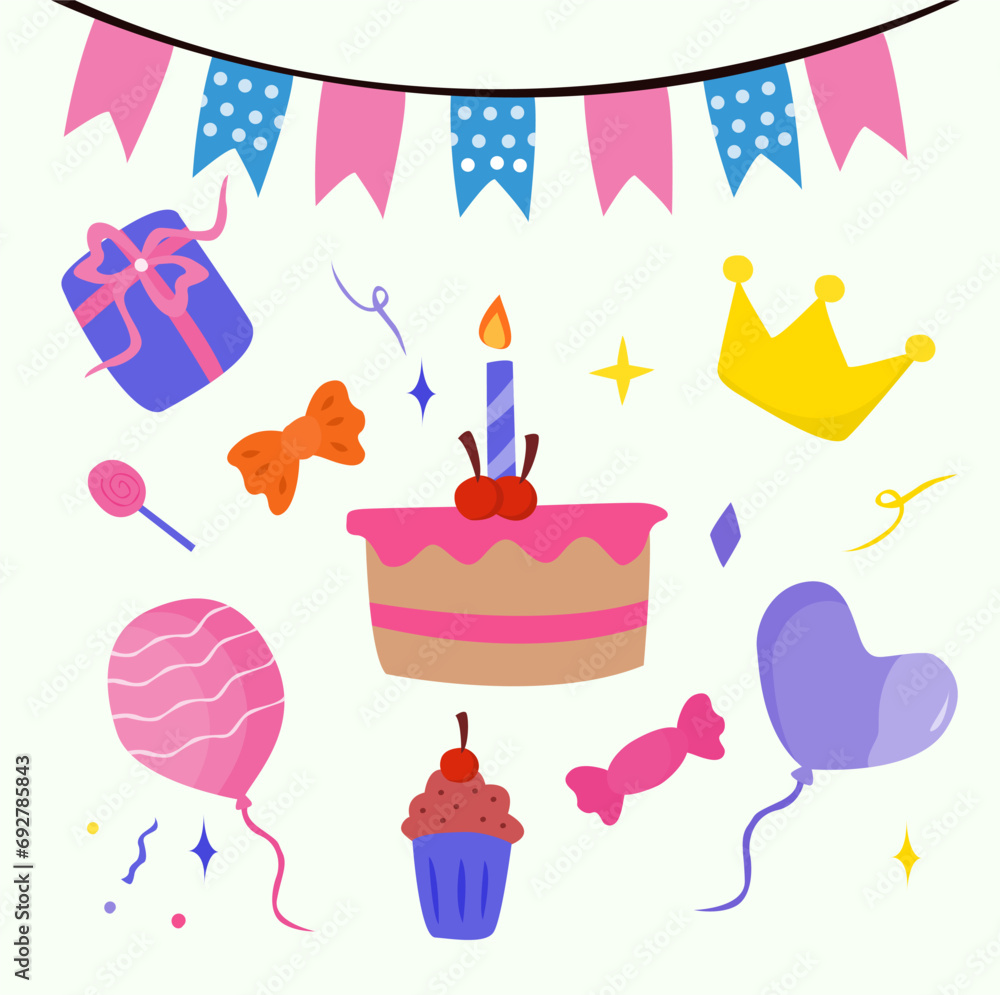 Vector birthday party decorations cartoon holiday elements set flags or light garlands and present boxes crackers with confetti isolated bunch of balloons Vector birthday party decorations cartoon holiday elements set flags or light garlands and present boxes crackers with confetti isolated bunch of balloons