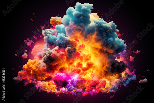 Magic explosion, game bomb boom effect with colorful clouds. Isolated smoke cumulus elements of gas explosion