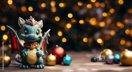 Christmas toy dragon on the background of a Christmas tree with a garland