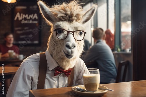 Anthropic Animals in a Cafe, Dressed in Business Attire, Engaging in Work and Leisure at a Coffeehouse, Ideal for Creative and Editorial Imagery, AI photo