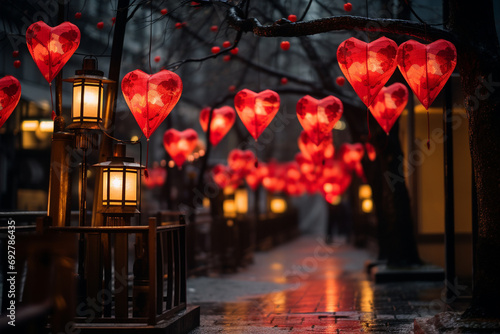 Illuminated Heart-shaped Paper Lanterns on Dark Evening