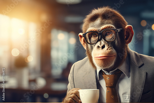 Anthropic Animals in a Cafe, Dressed in Business Attire, Engaging in Work and Leisure at a Coffeehouse, Ideal for Creative and Editorial Imagery, AI photo