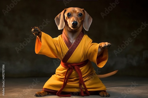 Papier peint fu kung doing monk shaolin kimono yellow dressed dog dachshund portrait studio c