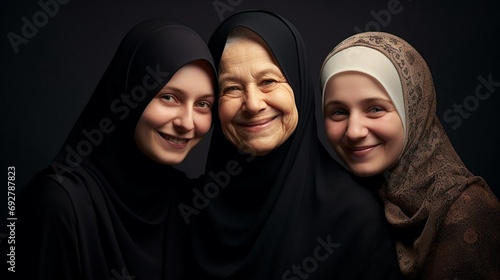 Muslim grandmother and daughter on a dark background smiling. Love and tenderness. World Hijab Day. Generative AI