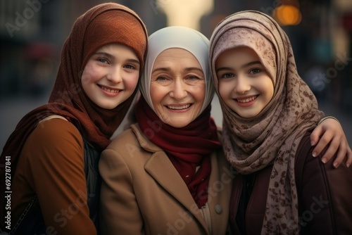 Muslim grandmother and her granddaughters pose on the street and smile. Beautiful and feminine Muslim women in hijabs. World Hijab Day. Generative AI