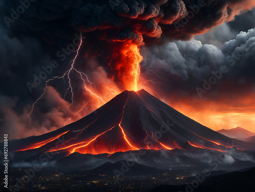 A volcano erupts right next to a city, spewing flames and ash. Lightning also occurs. - Generative AI 