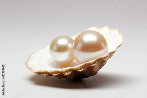 Deux perles nacrées dans une coquille d'huître perlière sur fond blanc photo