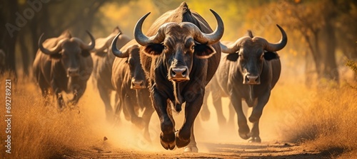 African buffalo herd at savvana Generative AI technology.	
 photo