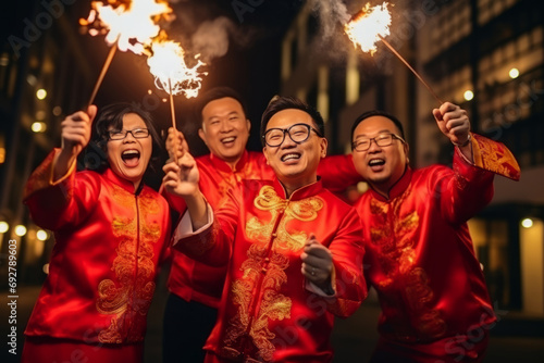 Group of young chinese people celebrating in red traditional costumes a new year of green dragon 2024