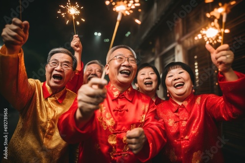 Group of middle age chinese people celebrating in red traditional costumes a new year of green dragon 2024