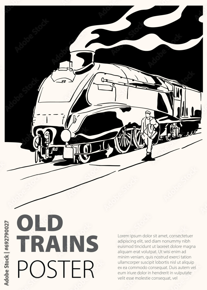 Poster an old railway or trains of ink sketch drawing on black for ...