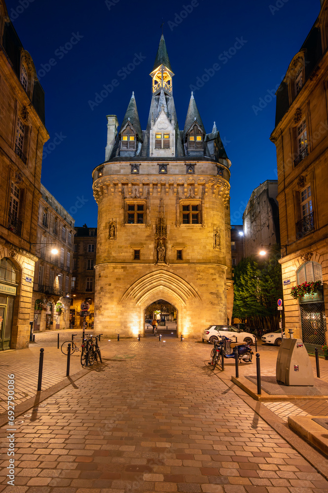 Night view of the Porte Cailhau or Porte du Palais. The former town gate of the city of Bordeaux in France. One of the main touristic attractions of the French city. High quality photography.