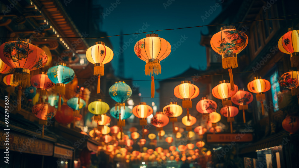 Paper lanterns with colorful lighting on the streets of old Asian town background.