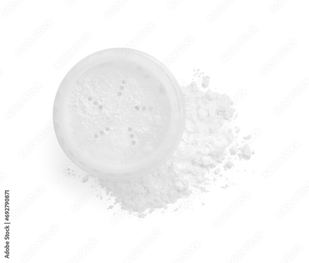 Rice face powder on white background, top view. Natural cosmetic Rice face powder on white background, top view. Natural cosmetic