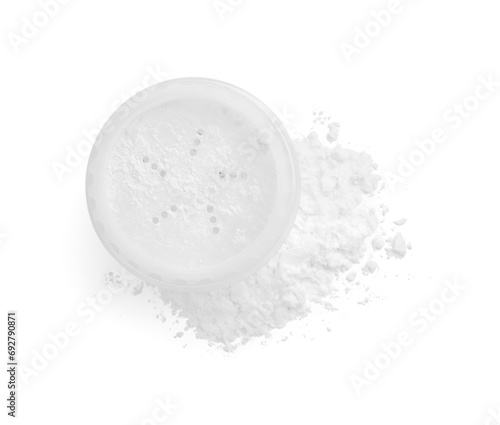 Rice face powder on white background, top view. Natural cosmetic
