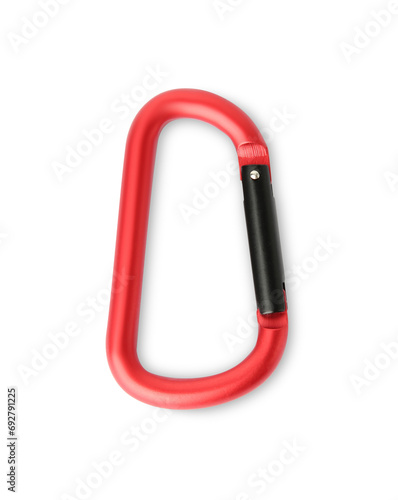 One red carabiner isolated on white, top view