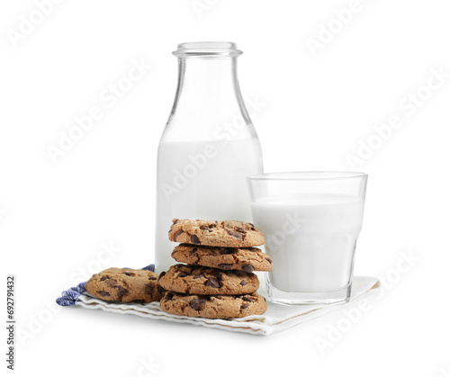 Delicious chocolate chip cookies and milk isolated on white