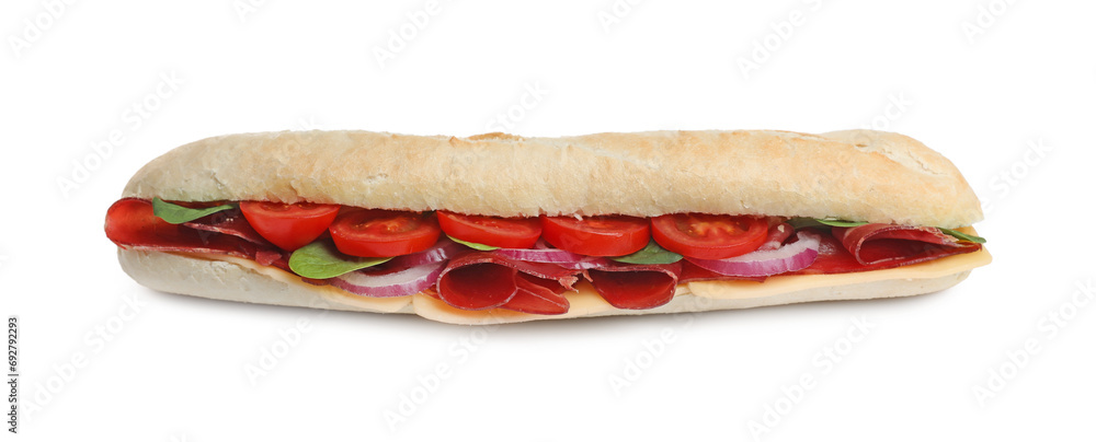 Delicious sandwich with bresaola, tomato and onion isolated on white Delicious sandwich with bresaola, tomato and onion isolated on white