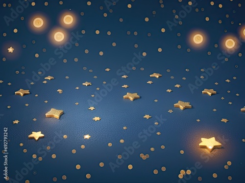 Gold particles and a dark blue abstract background. Christmas background with glittering gold stars for the new year