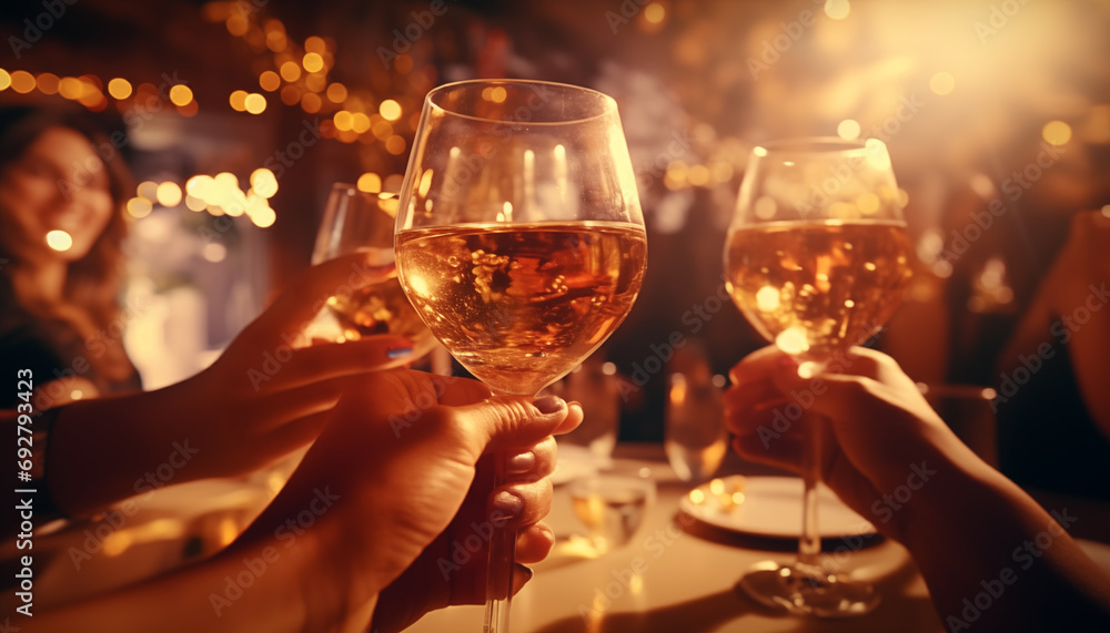 Selective focus at wine glass in hands, cheer and toast, blur and defocus background of interior bar vibe with golden bokeh.
Selective focus at wine glass in hands, cheer and toast, blur and defocus background of interior bar vibe with golden bokeh.