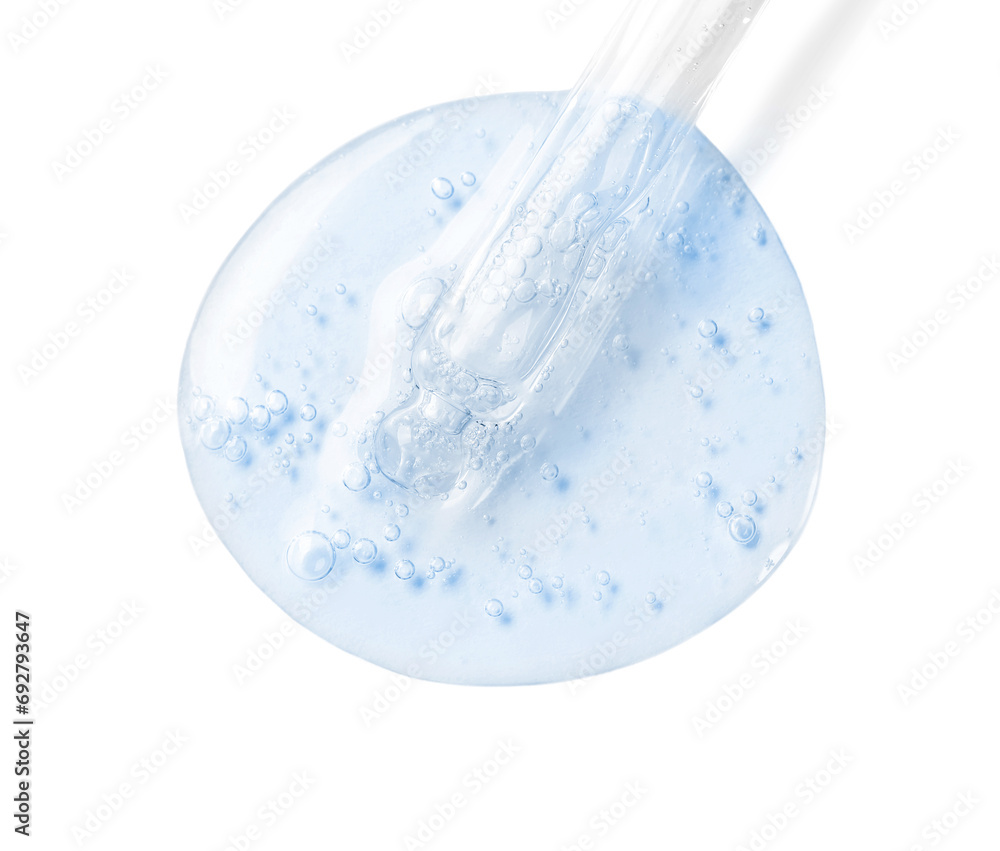 Dropper with serum on white background, top view. Skin care product Dropper with serum on white background, top view. Skin care product
