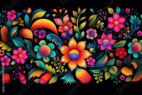 background black pattern floral Mexican Colorful mexico bright colourful fabric cotton embroidery flower wallpaper print clothes bloom blossom art graphic botany traditional handmade spring thread photo