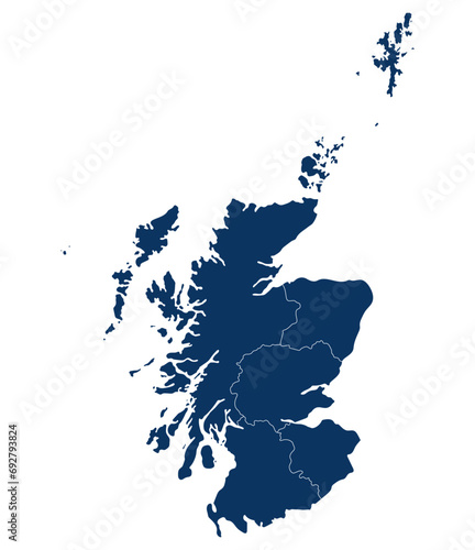 Scotland map. Map of Scotland in administrative regions in blue color photo