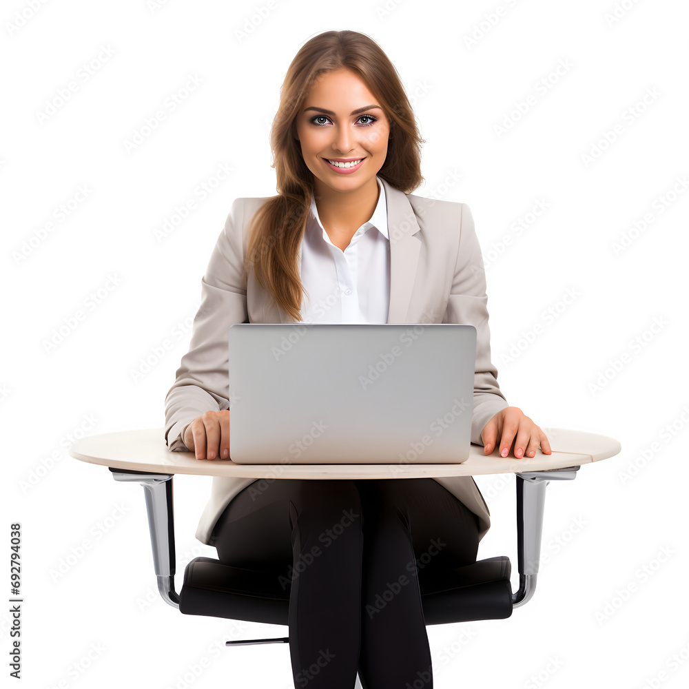Business woman sitting on a chair with laptop isolated on transparent background Generative AI Business woman sitting on a chair with laptop isolated on transparent background Generative AI