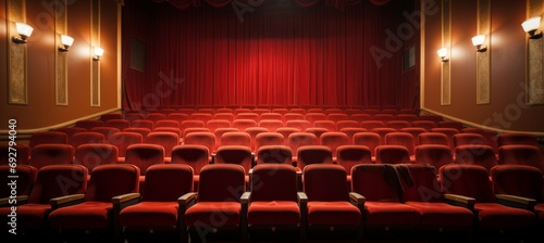 Empty red cinema seats interior. Generative AI technology. photo