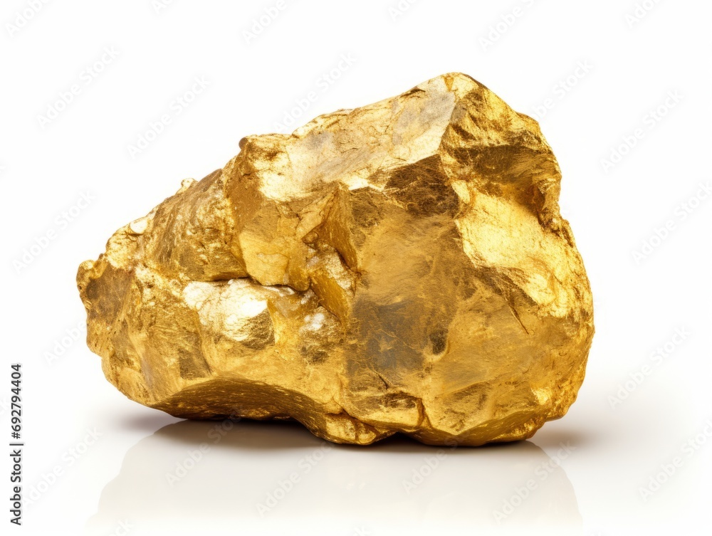 shiny gold nugget gleaming on white background, symbol of wealth, Generative AI