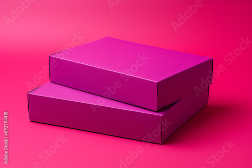 A duo of cardboard boxes one with an open lid and the other with a closed lid placed on a solid magenta background each with a blank label for custom use