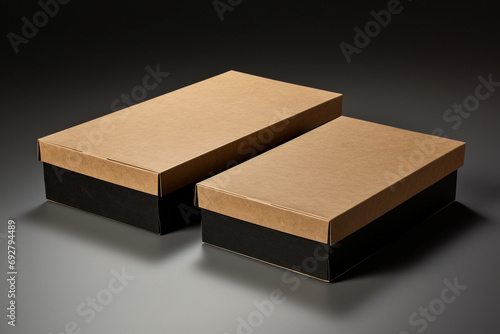 A pair of cardboard boxes one with an open lid and one with a closed lid set against a solid charcoal background each with a space for customization on blank labels photo