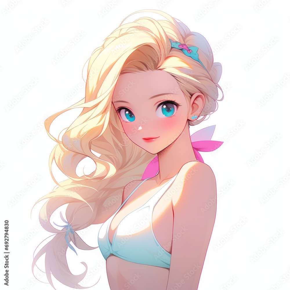 Blue-eyed, blonde-haired anime girl wearing a bikini, isolated on a white background generative ai