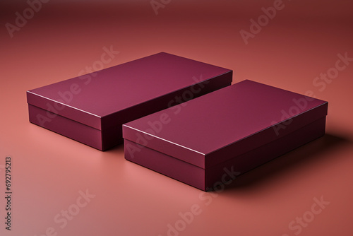 Two cardboard packaging boxes one lid ajar and the other closed on a solid maroon background with blank labels for personal customization