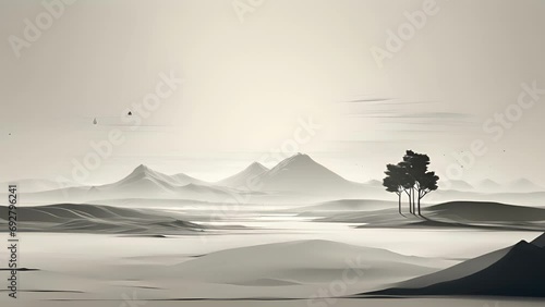Monochromatic animation of a minimalist landscape shifting and evolving before your eyes.