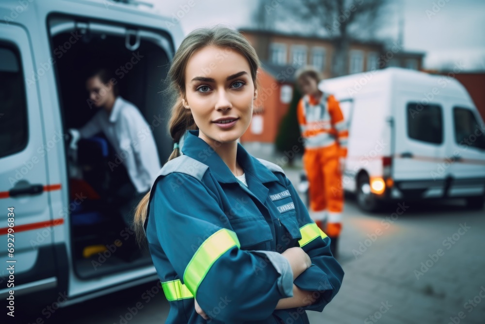 Portrait of pretty young paramedic woman with ambulance hevicle on background Portrait of pretty young paramedic woman with ambulance hevicle on background