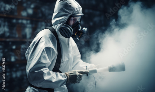 pest control service in a mask and a white protective suit sprays  photo