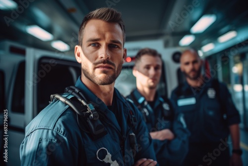 Portrait of pretty paramedic man with ambulance hevicle on background