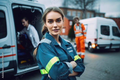 Portrait of pretty young paramedic woman with ambulance hevicle on background photo
