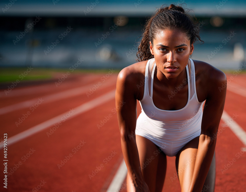 Determined Athlete at Starting Blocks on Track Determined Athlete at Starting Blocks on Track